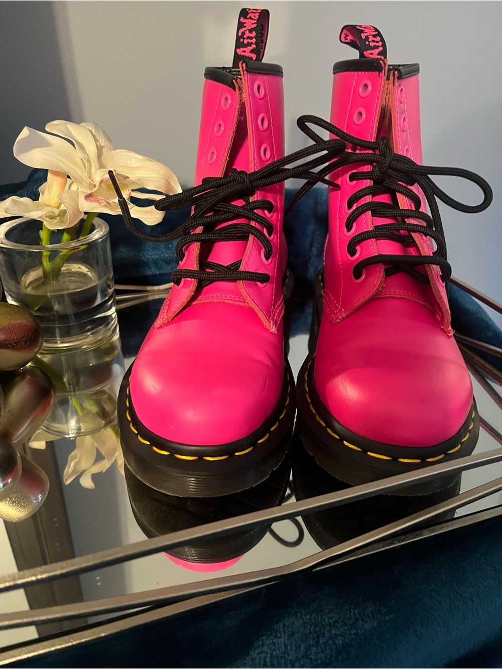 Dr. Martens Hot Pink Leather Lace-Up Boots with Black Laces